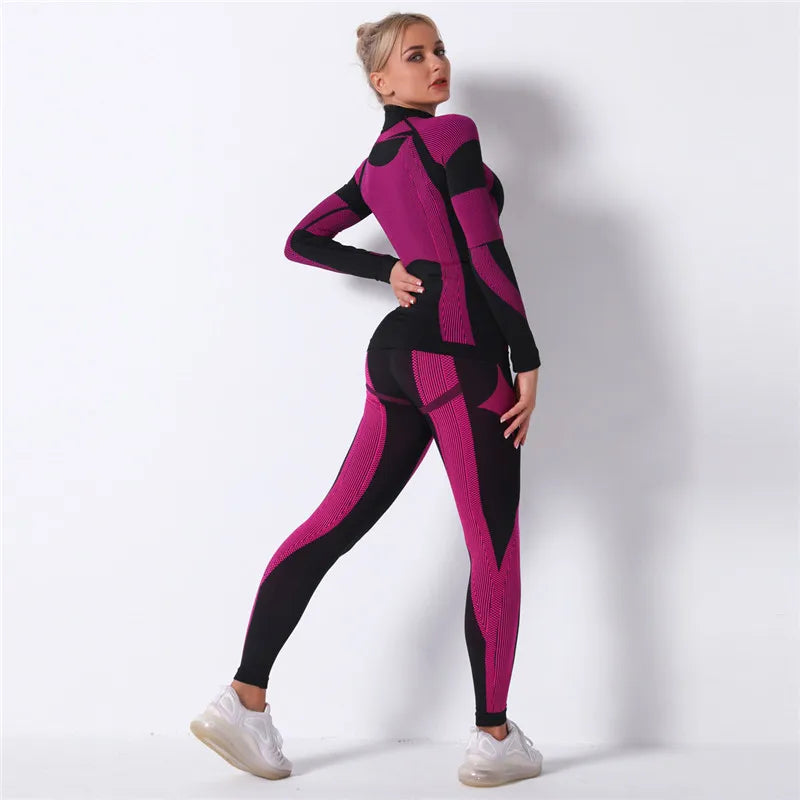 Seamless Workout Sets Women Yoga Suits Elastic Long Sleeve Shirt Striped Energy Leggings 2 Piece Cycling Running Sportswear