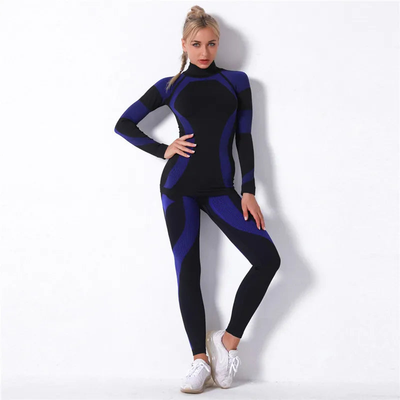 Seamless Workout Sets Women Yoga Suits Elastic Long Sleeve Shirt Striped Energy Leggings 2 Piece Cycling Running Sportswear
