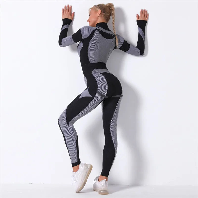 Seamless Workout Sets Women Yoga Suits Elastic Long Sleeve Shirt Striped Energy Leggings 2 Piece Cycling Running Sportswear