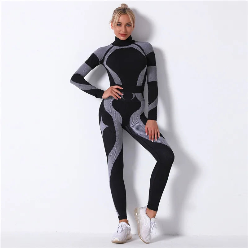 Seamless Workout Sets Women Yoga Suits Elastic Long Sleeve Shirt Striped Energy Leggings 2 Piece Cycling Running Sportswear