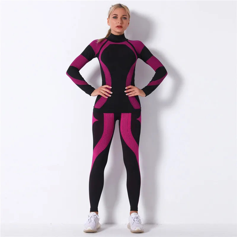 Seamless Workout Sets Women Yoga Suits Elastic Long Sleeve Shirt Striped Energy Leggings 2 Piece Cycling Running Sportswear