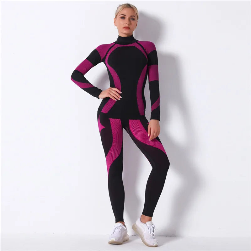 Seamless Workout Sets Women Yoga Suits Elastic Long Sleeve Shirt Striped Energy Leggings 2 Piece Cycling Running Sportswear