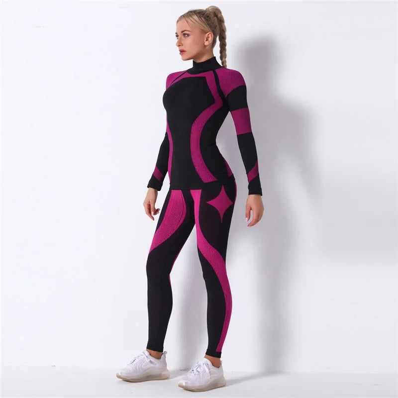 Seamless Workout Sets Women Yoga Suits Elastic Long Sleeve Shirt Striped Energy Leggings 2 Piece Cycling Running Sportswear