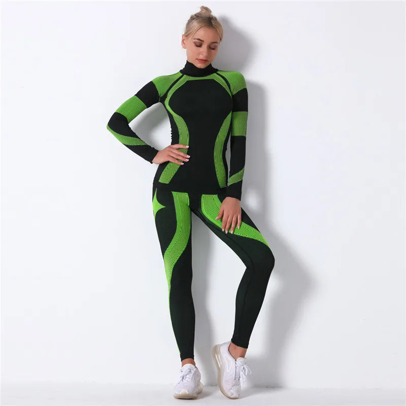 Seamless Workout Sets Women Yoga Suits Elastic Long Sleeve Shirt Striped Energy Leggings 2 Piece Cycling Running Sportswear