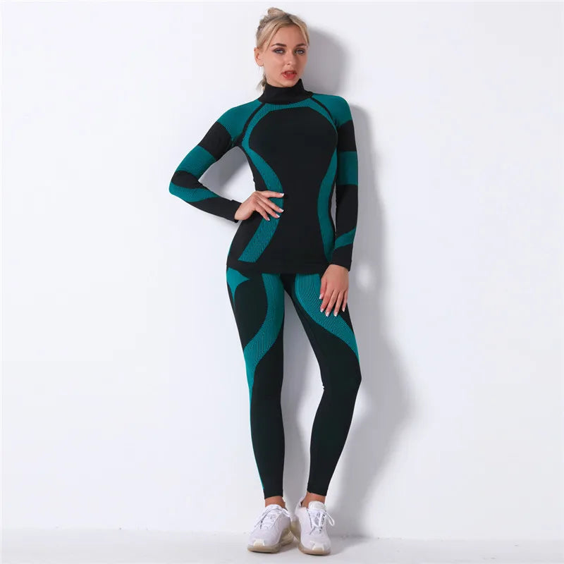 Seamless Workout Sets Women Yoga Suits Elastic Long Sleeve Shirt Striped Energy Leggings 2 Piece Cycling Running Sportswear