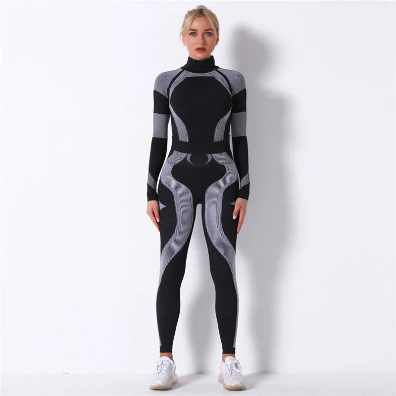 Seamless Workout Sets Women Yoga Suits Elastic Long Sleeve Shirt Striped Energy Leggings 2 Piece Cycling Running Sportswear