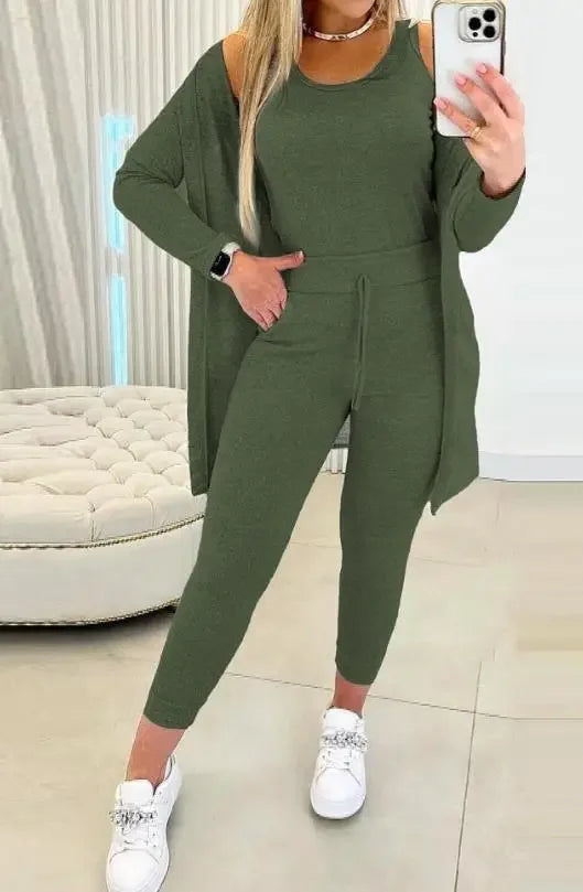Long Sleeved Women's Pans Set Autumn New 2024 Fashion Casual Elegant Solid Round Neck Tank Top & Drawstring Trousers Suit