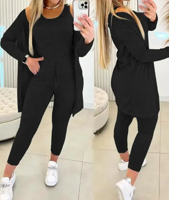 Women Pans Set Autumn New 2023 Fashion Casual Elegant Solid Round Neck Long Sleeved Tank Top & Drawstring Trousers Y2k Suit