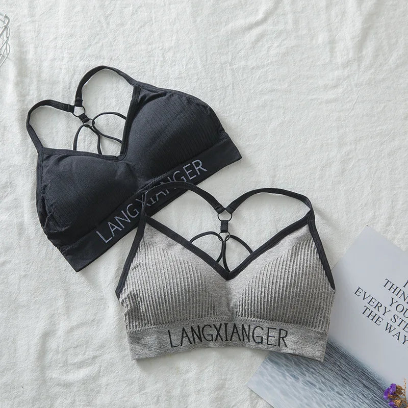 Fashion Women Girls Letter Stretch Sport Bra Yoga Padded Shirt Shockproof Sports Push Up Bras Athletic Fitness Run Vest Tops Gym