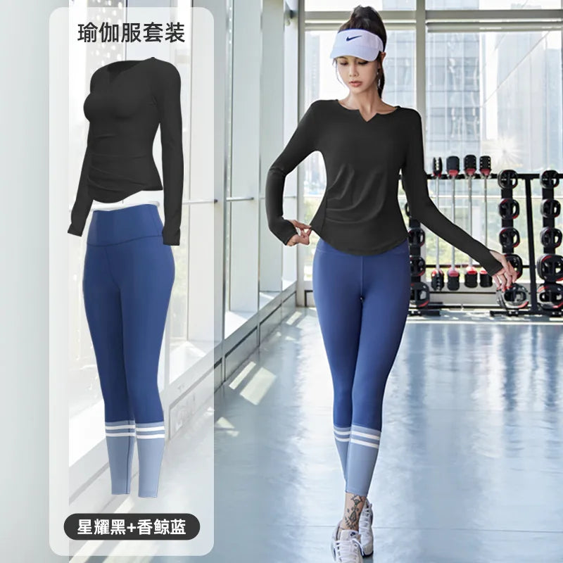 PINGNIAO Women's V-neck Yoga Top Seamless Quick-Drying Elastic High-Waist Hip-Lifting Fitness Pants Running Sports Cycling Suit