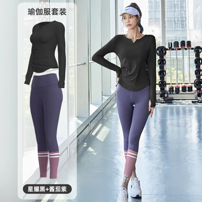 PINGNIAO Women's V-neck Yoga Top Seamless Quick-Drying Elastic High-Waist Hip-Lifting Fitness Pants Running Sports Cycling Suit