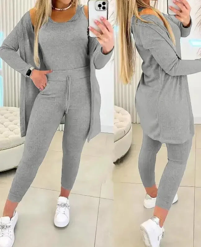 Women Pans Set Autumn New 2023 Fashion Casual Elegant Solid Round Neck Long Sleeved Tank Top & Drawstring Trousers Y2k Suit