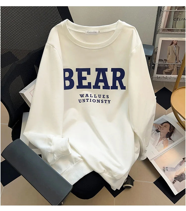 175Kg Plus Size Women's Bust 170 Spring Autumn Loose Sweatshirt Printed Letter Top Black White 6XL 7XL 8XL 9XL 10XL 11XL