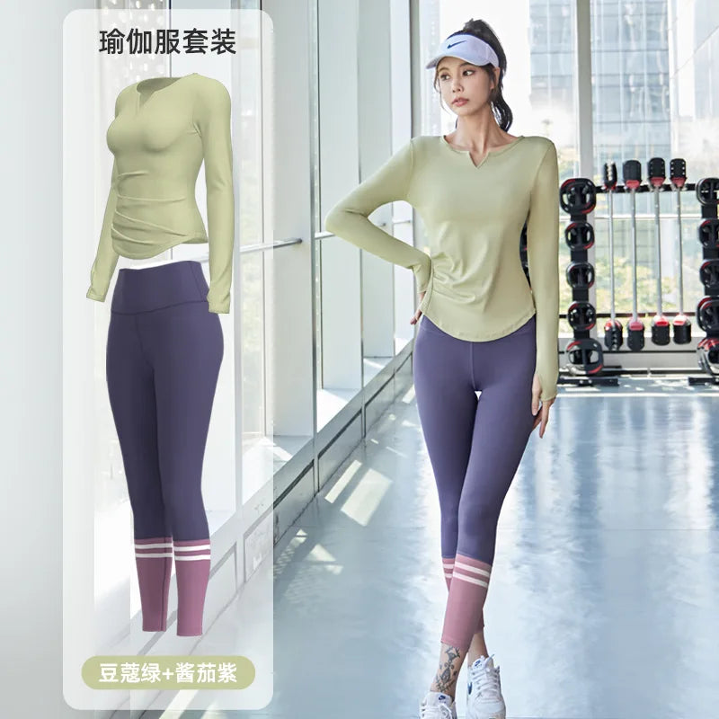 PINGNIAO Women's V-neck Yoga Top Seamless Quick-Drying Elastic High-Waist Hip-Lifting Fitness Pants Running Sports Cycling Suit