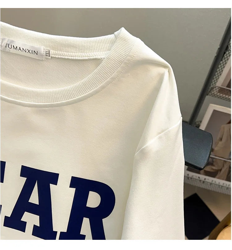 175Kg Plus Size Women's Bust 170 Spring Autumn Loose Sweatshirt Printed Letter Top Black White 6XL 7XL 8XL 9XL 10XL 11XL