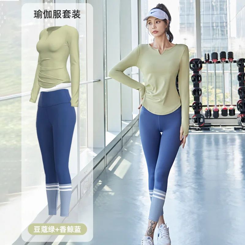 PINGNIAO Women's V-neck Yoga Top Seamless Quick-Drying Elastic High-Waist Hip-Lifting Fitness Pants Running Sports Cycling Suit