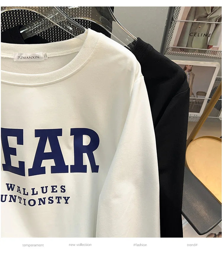 175Kg Plus Size Women's Bust 170 Spring Autumn Loose Sweatshirt Printed Letter Top Black White 6XL 7XL 8XL 9XL 10XL 11XL