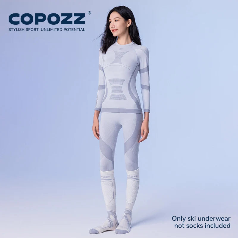 COPOZZ Female Male Merino Wool Ski Thermal Underwear Set Functional Compression Tracksuit Tight Snowboard Tops and Pants Adult