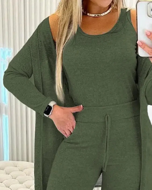 Women Pans Set Autumn New 2023 Fashion Casual Elegant Solid Round Neck Long Sleeved Tank Top & Drawstring Trousers Y2k Suit