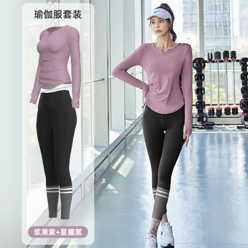 PINGNIAO Women's V-neck Yoga Top Seamless Quick-Drying Elastic High-Waist Hip-Lifting Fitness Pants Running Sports Cycling Suit