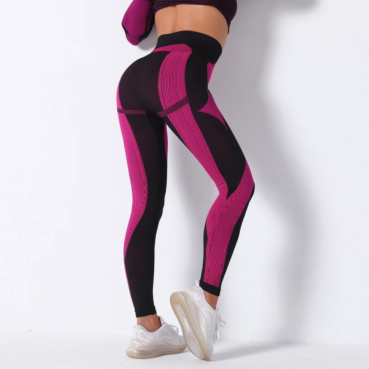 Seamless Workout Sets Women Yoga Suits Elastic Long Sleeve Shirt Striped Energy Leggings 2 Piece Cycling Running Sportswear