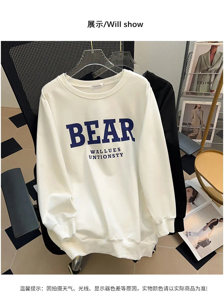 175Kg Plus Size Women's Bust 170 Spring Autumn Loose Sweatshirt Printed Letter Top Black White 6XL 7XL 8XL 9XL 10XL 11XL