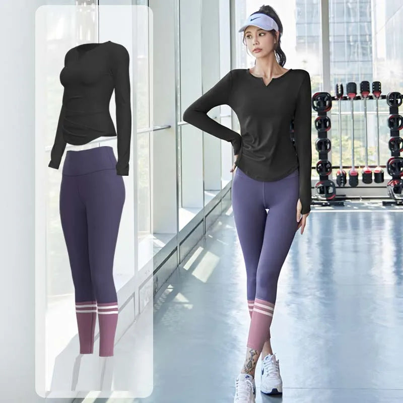 PINGNIAO Women's V-neck Yoga Top Seamless Quick-Drying Elastic High-Waist Hip-Lifting Fitness Pants Running Sports Cycling Suit