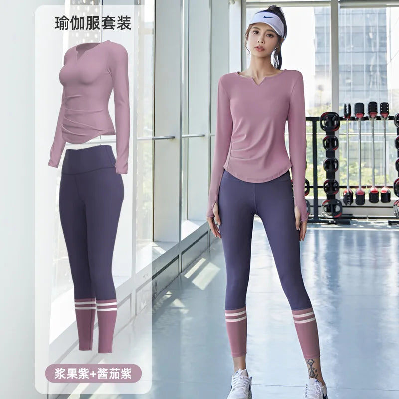 PINGNIAO Women's V-neck Yoga Top Seamless Quick-Drying Elastic High-Waist Hip-Lifting Fitness Pants Running Sports Cycling Suit