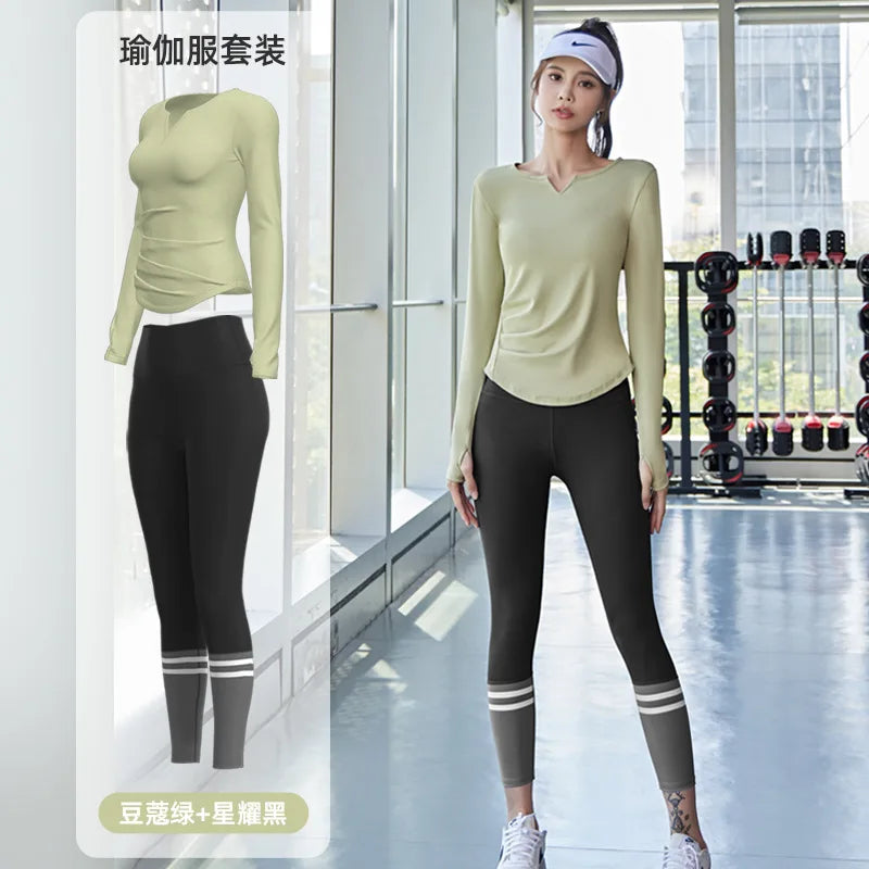 PINGNIAO Women's V-neck Yoga Top Seamless Quick-Drying Elastic High-Waist Hip-Lifting Fitness Pants Running Sports Cycling Suit