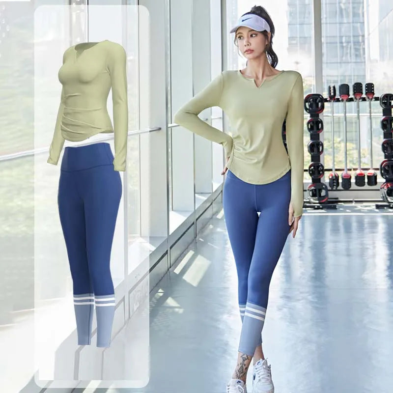 PINGNIAO Women's V-neck Yoga Top Seamless Quick-Drying Elastic High-Waist Hip-Lifting Fitness Pants Running Sports Cycling Suit