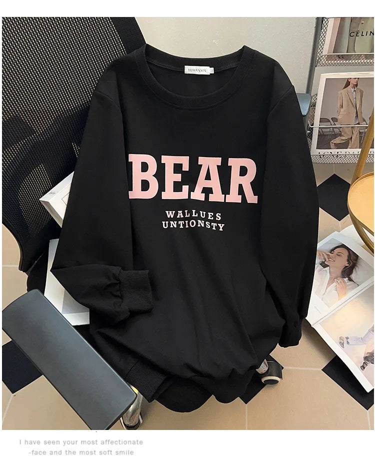 175Kg Plus Size Women's Bust 170 Spring Autumn Loose Sweatshirt Printed Letter Top Black White 6XL 7XL 8XL 9XL 10XL 11XL