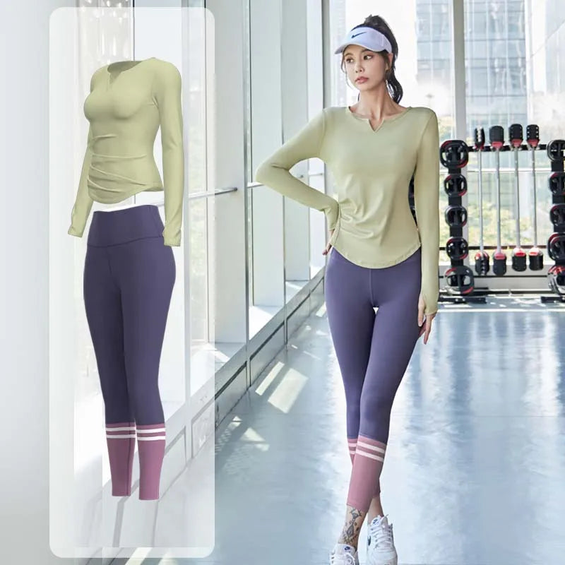 PINGNIAO Women's V-neck Yoga Top Seamless Quick-Drying Elastic High-Waist Hip-Lifting Fitness Pants Running Sports Cycling Suit