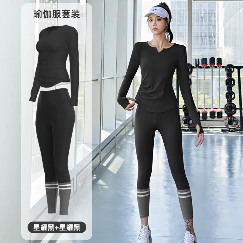 PINGNIAO Women's V-neck Yoga Top Seamless Quick-Drying Elastic High-Waist Hip-Lifting Fitness Pants Running Sports Cycling Suit