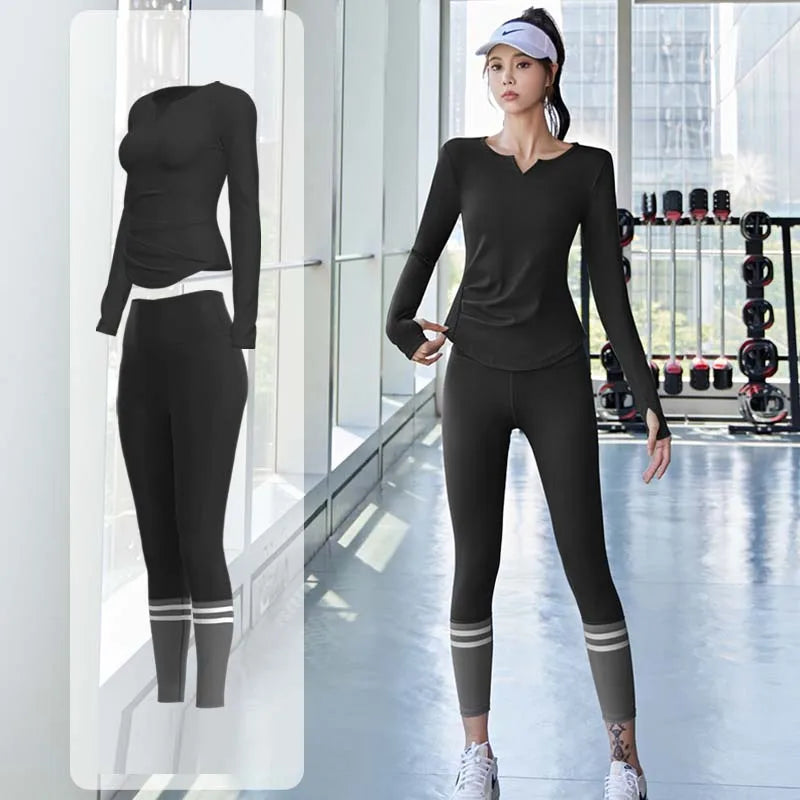 PINGNIAO Women's V-neck Yoga Top Seamless Quick-Drying Elastic High-Waist Hip-Lifting Fitness Pants Running Sports Cycling Suit
