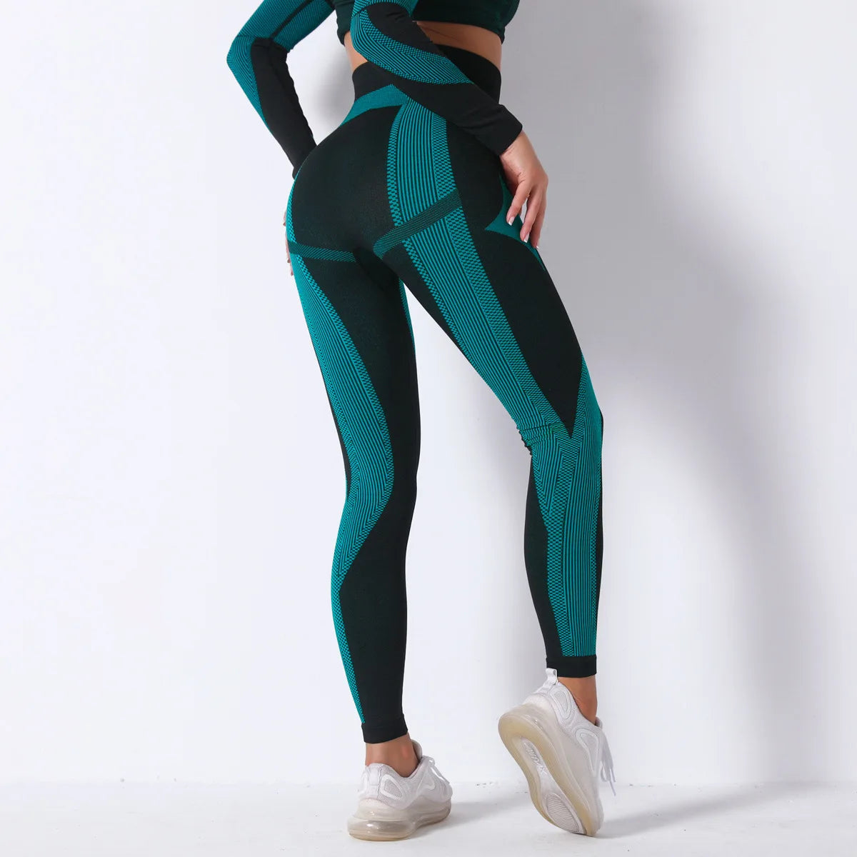 Seamless Workout Sets Women Yoga Suits Elastic Long Sleeve Shirt Striped Energy Leggings 2 Piece Cycling Running Sportswear
