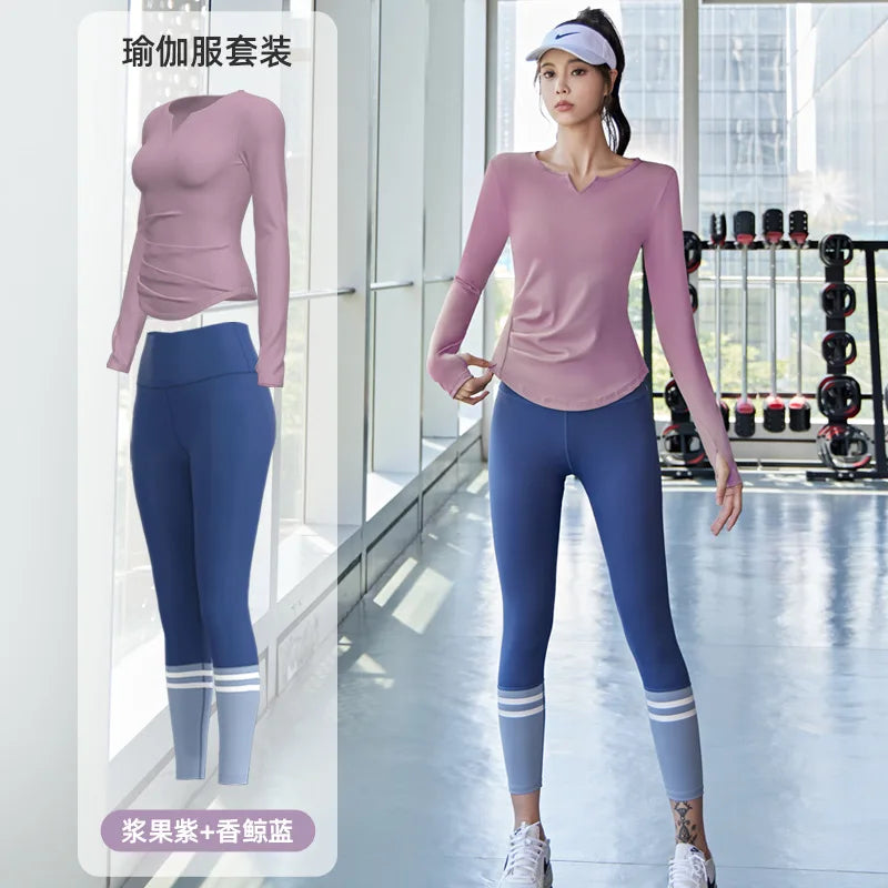 PINGNIAO Women's V-neck Yoga Top Seamless Quick-Drying Elastic High-Waist Hip-Lifting Fitness Pants Running Sports Cycling Suit