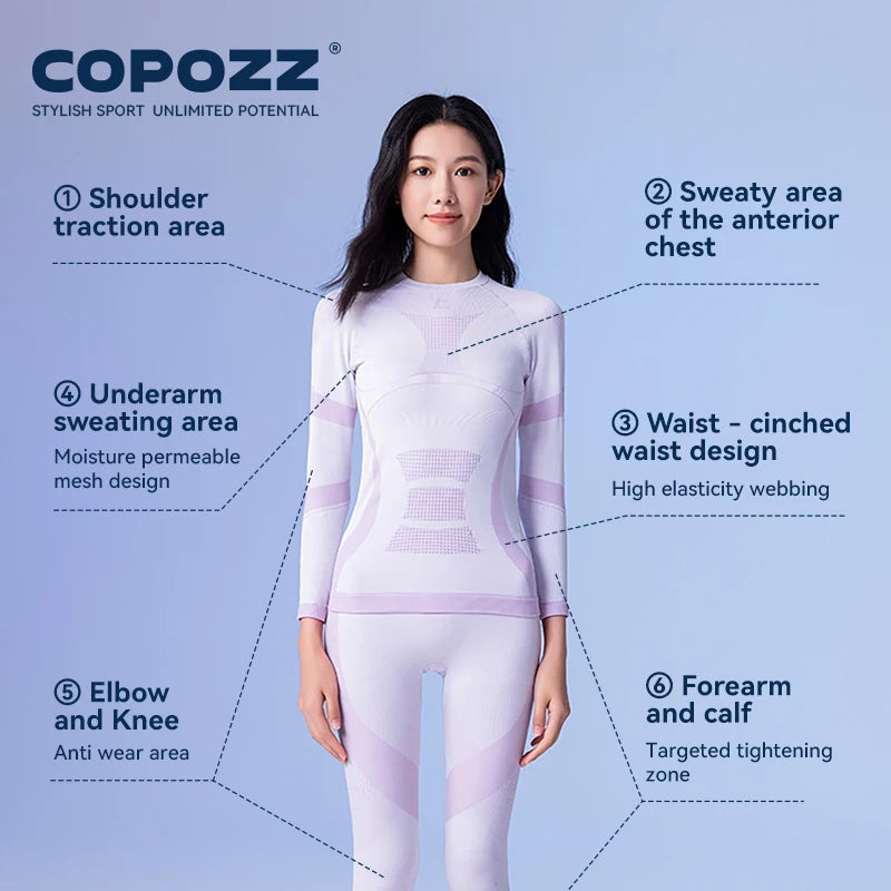 COPOZZ Female Male Merino Wool Ski Thermal Underwear Set Functional Compression Tracksuit Tight Snowboard Tops and Pants Adult