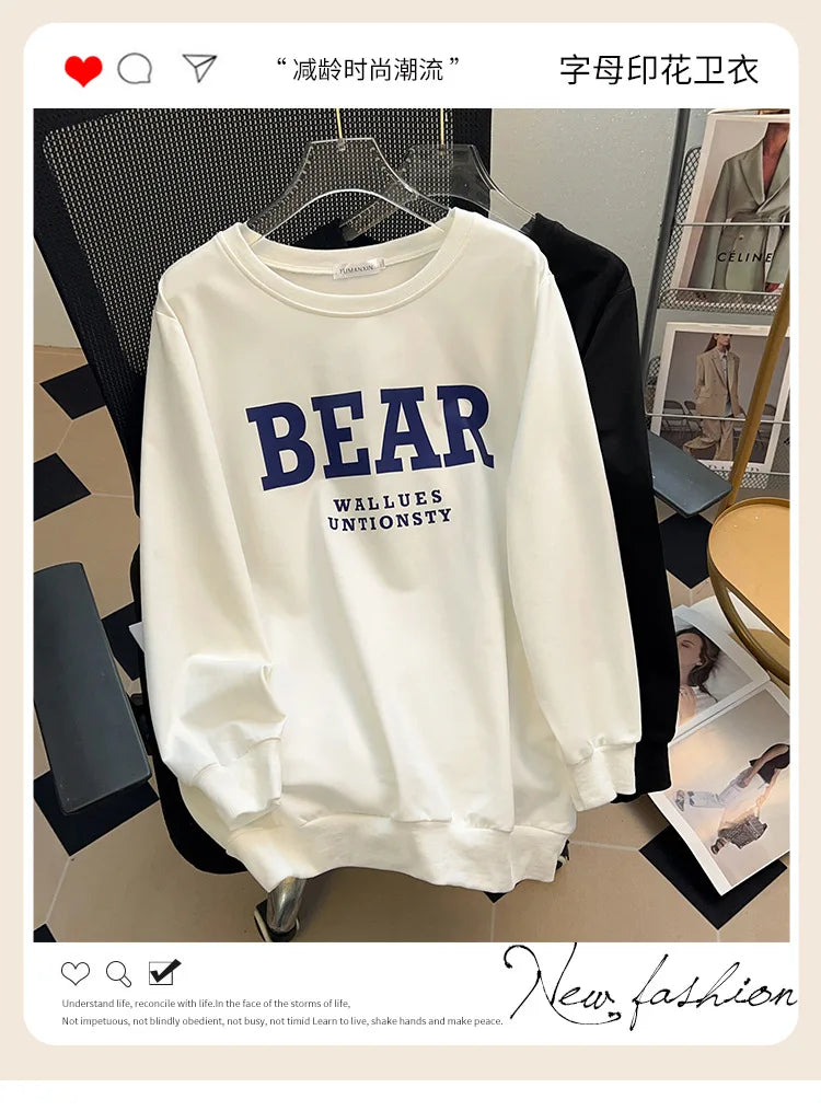 175Kg Plus Size Women's Bust 170 Spring Autumn Loose Sweatshirt Printed Letter Top Black White 6XL 7XL 8XL 9XL 10XL 11XL