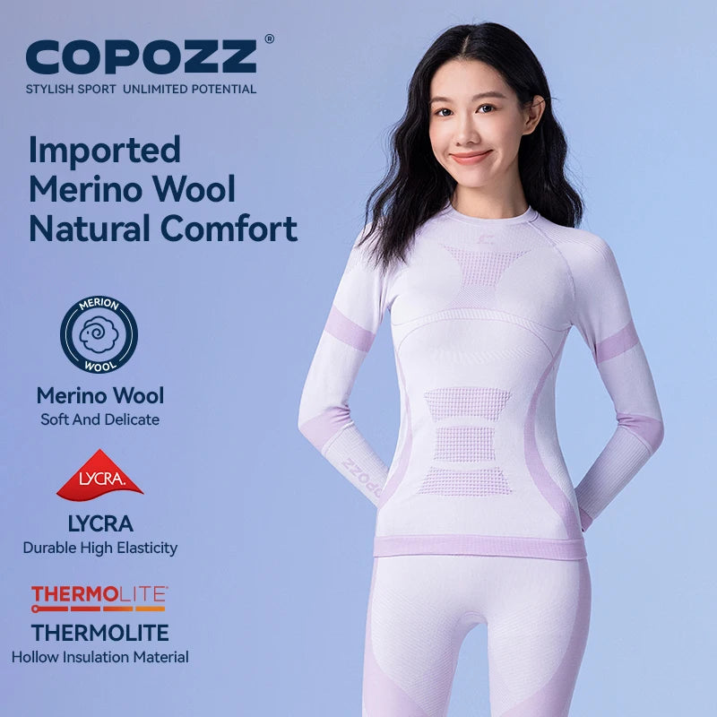 COPOZZ Female Male Merino Wool Ski Thermal Underwear Set Functional Compression Tracksuit Tight Snowboard Tops and Pants Adult