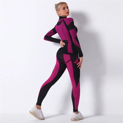 Seamless Workout Sets Women Yoga Suits Elastic Long Sleeve Shirt Striped Energy Leggings 2 Piece Cycling Running Sportswear