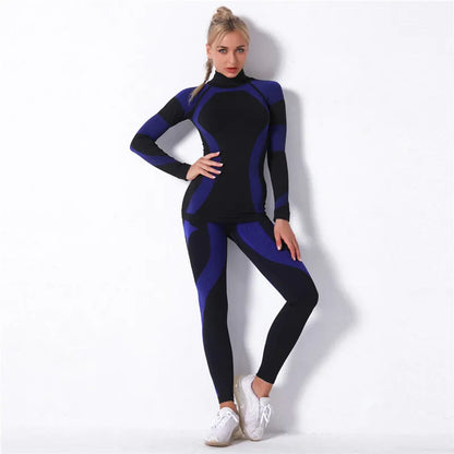 Seamless Workout Sets Women Yoga Suits Elastic Long Sleeve Shirt Striped Energy Leggings 2 Piece Cycling Running Sportswear