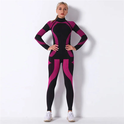 Seamless Workout Sets Women Yoga Suits Elastic Long Sleeve Shirt Striped Energy Leggings 2 Piece Cycling Running Sportswear