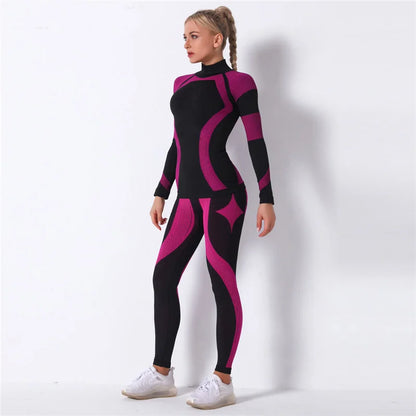 Seamless Workout Sets Women Yoga Suits Elastic Long Sleeve Shirt Striped Energy Leggings 2 Piece Cycling Running Sportswear