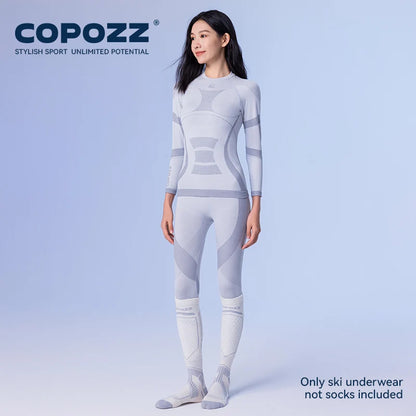 COPOZZ Female Male Merino Wool Ski Thermal Underwear Set Functional Compression Tracksuit Tight Snowboard Tops and Pants Adult