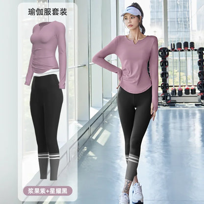PINGNIAO Women's V-neck Yoga Top Seamless Quick-Drying Elastic High-Waist Hip-Lifting Fitness Pants Running Sports Cycling Suit