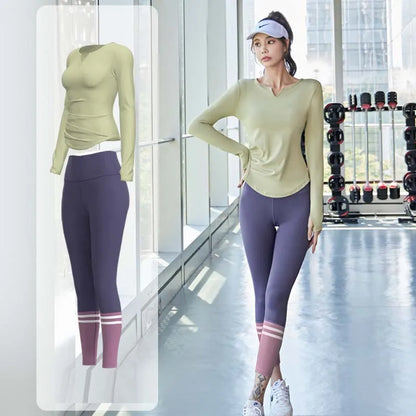 PINGNIAO Women's V-neck Yoga Top Seamless Quick-Drying Elastic High-Waist Hip-Lifting Fitness Pants Running Sports Cycling Suit